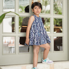 Natural Indigo Dyed Tiered Dress Zigzag print