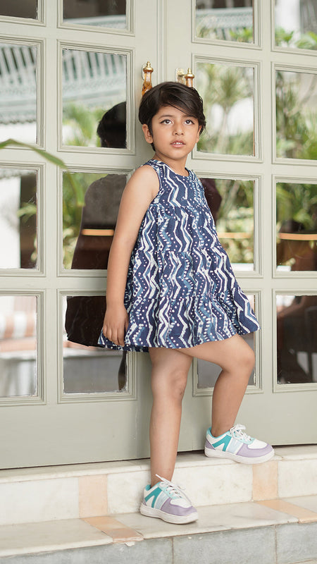 Natural Indigo Dyed Tiered Dress Zigzag print