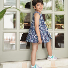 Natural Indigo Dyed Tiered Dress Zigzag print