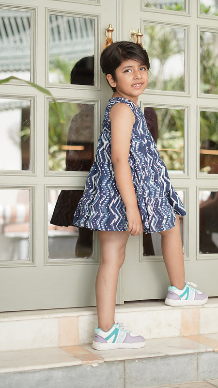 Natural Indigo Dyed Tiered Dress Zigzag print