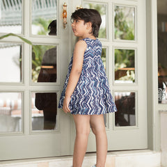 Natural Indigo Dyed Tiered Dress Zigzag print