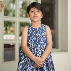 Natural Indigo Dyed Tiered Dress Zigzag print