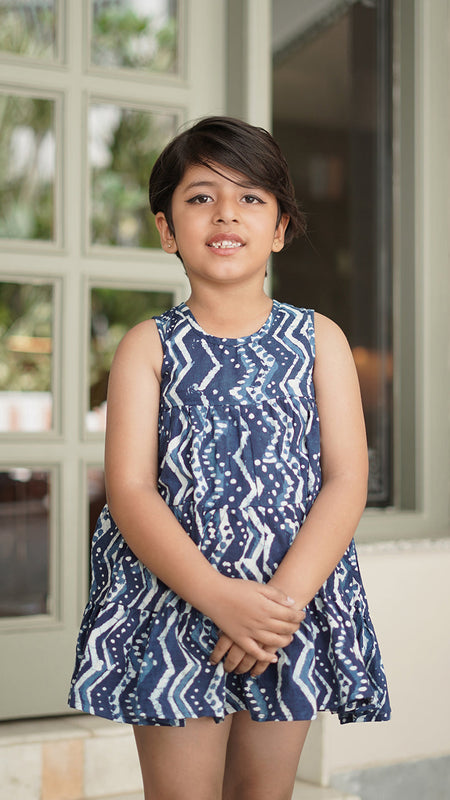 Natural Indigo Dyed Tiered Dress Zigzag print