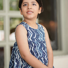 Natural Indigo Dyed Tiered Dress Zigzag print