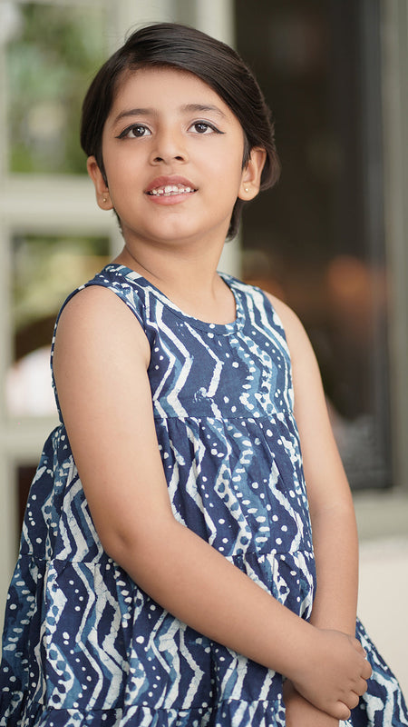 Natural Indigo Dyed Tiered Dress Zigzag print