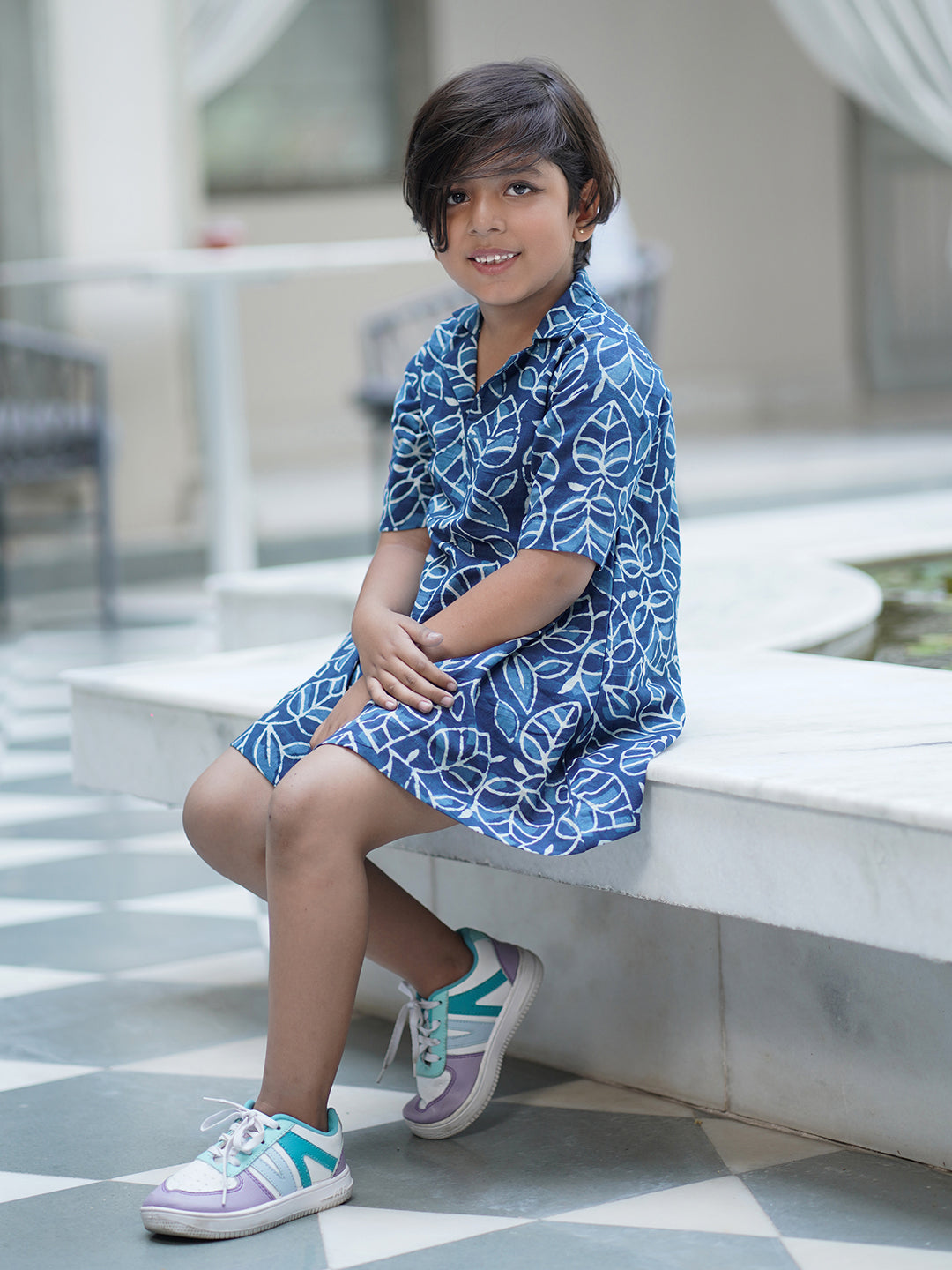 Natural Indigo Dyed Tiered Dress Shirt dress