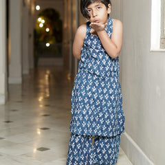 Indigo Booti Hand Block Print Kurta Pallazo Pants Set