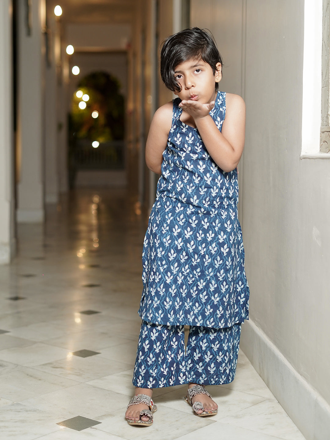 Indigo Booti Hand Block Print Kurta Pallazo Pants Set