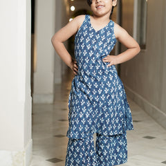Indigo Booti Hand Block Print Kurta Pallazo Pants Set