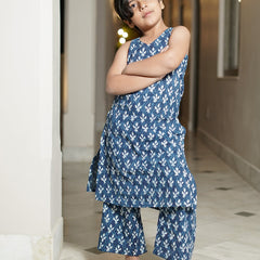 Indigo Booti Hand Block Print Kurta Pallazo Pants Set