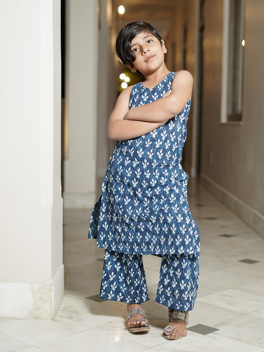 Indigo Booti Hand Block Print Kurta Pallazo Pants Set