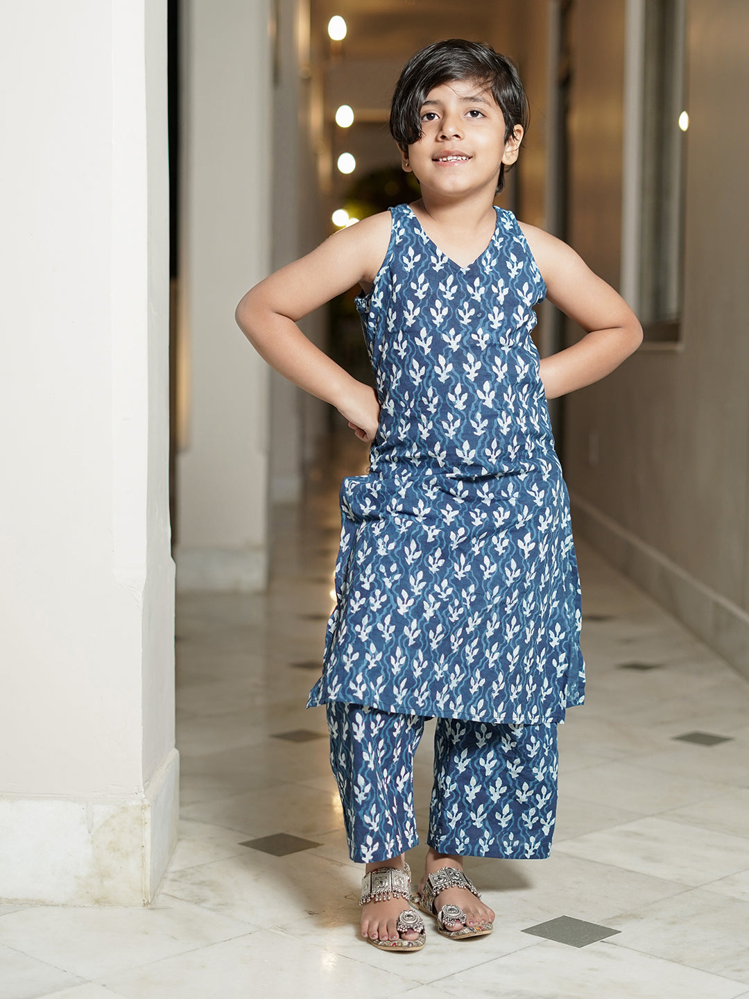 Indigo Booti Hand Block Print Kurta Pallazo Pants Set