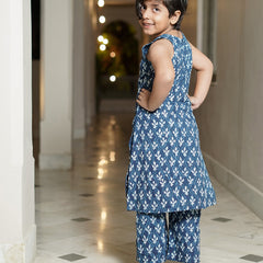 Indigo Booti Hand Block Print Kurta Pallazo Pants Set