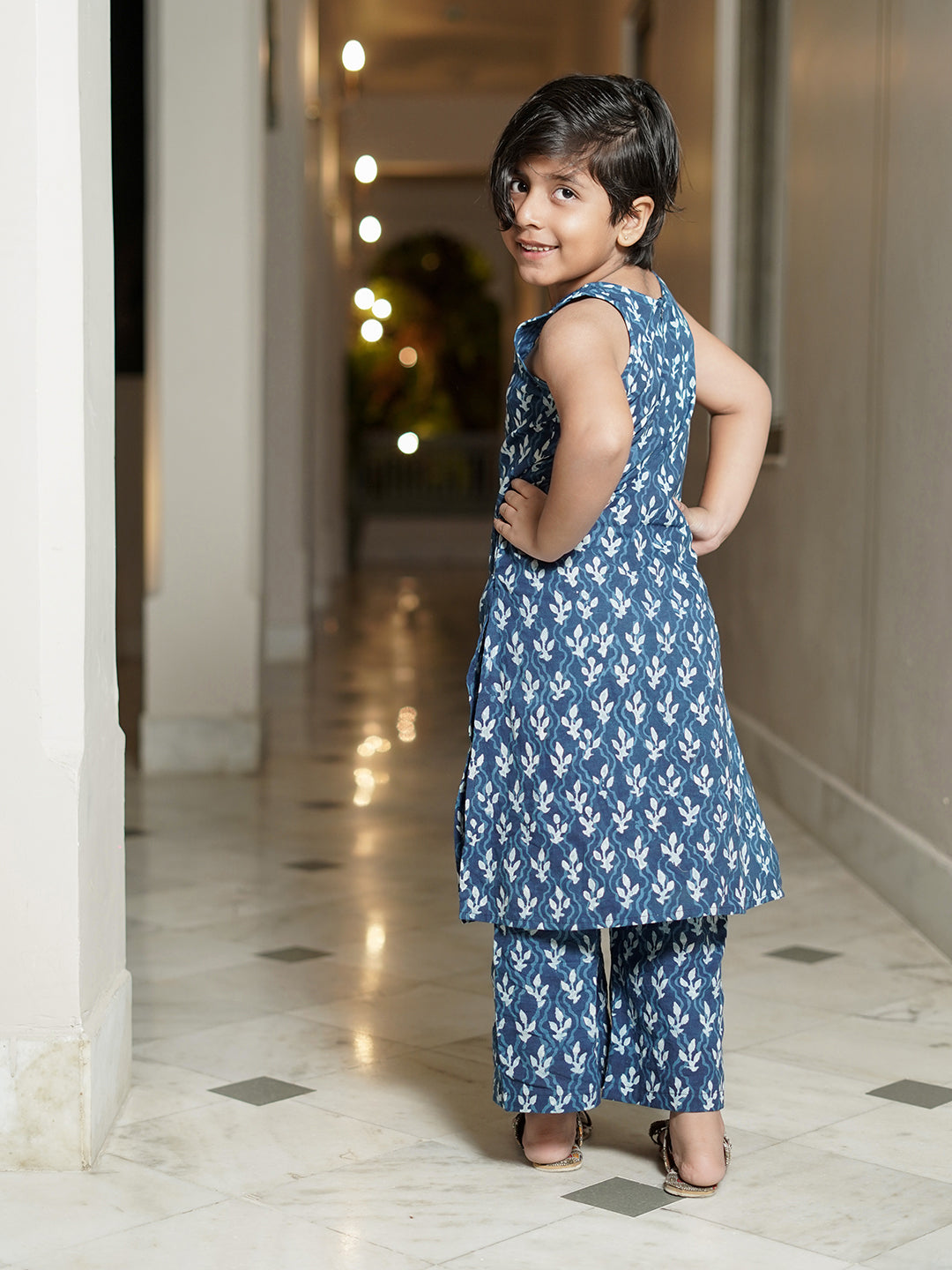 Indigo Booti Hand Block Print Kurta Pallazo Pants Set