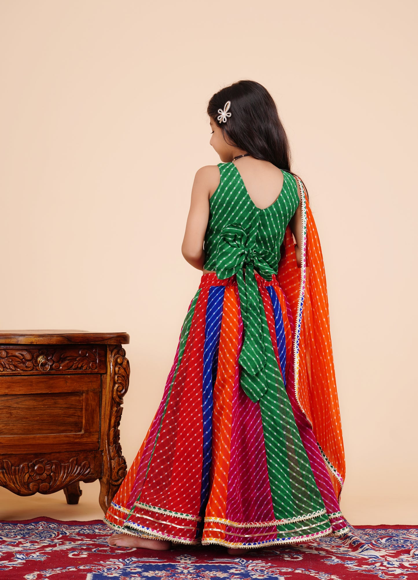 Green Pachrangi Leheriya Lehenga Set