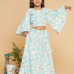 White Blue Pastels Crop top Skirt set