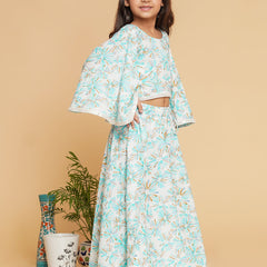 White Blue Pastels Crop top Skirt set