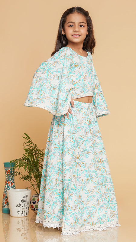 White Blue Pastels Crop top Skirt set