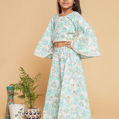 White Blue Pastels Crop top Skirt set