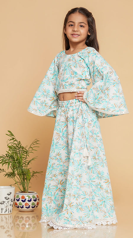 White Blue Pastels Crop top Skirt set