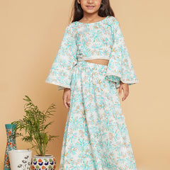 White Blue Pastels Crop top Skirt set