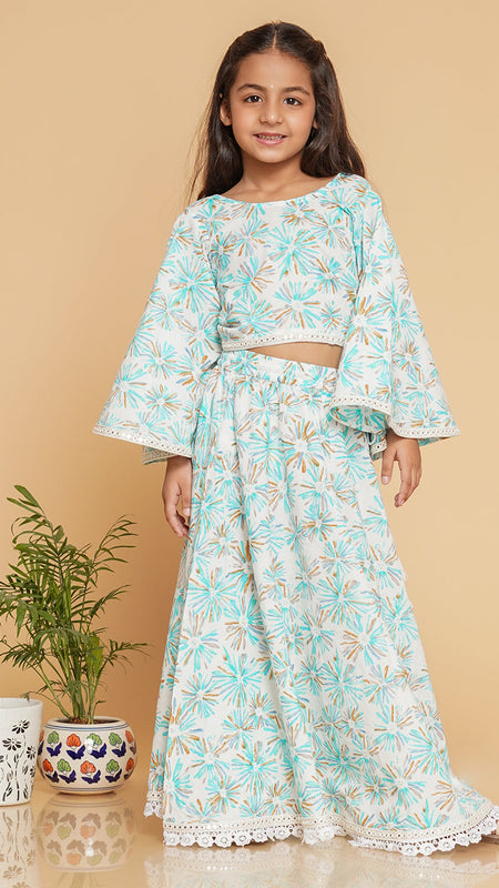 White Blue Pastels Crop top Skirt set