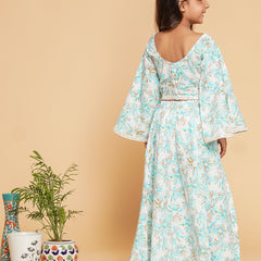 White Blue Pastels Crop top Skirt set