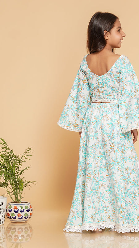 White Blue Pastels Crop top Skirt set