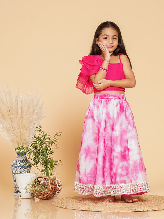 Pink Organza Crop top & Shibori Skirt set