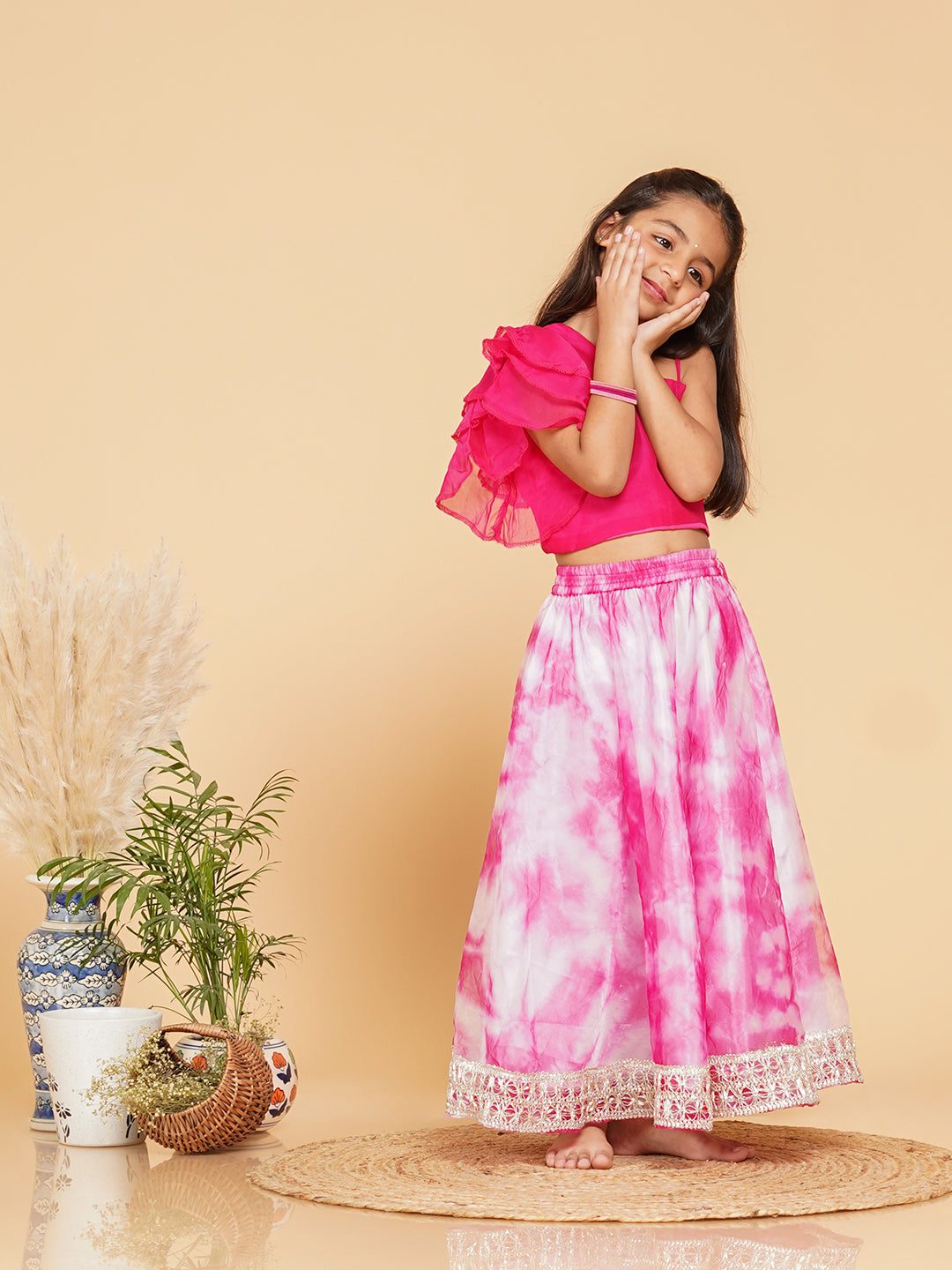 Pink Organza Crop top & Shibori Skirt set