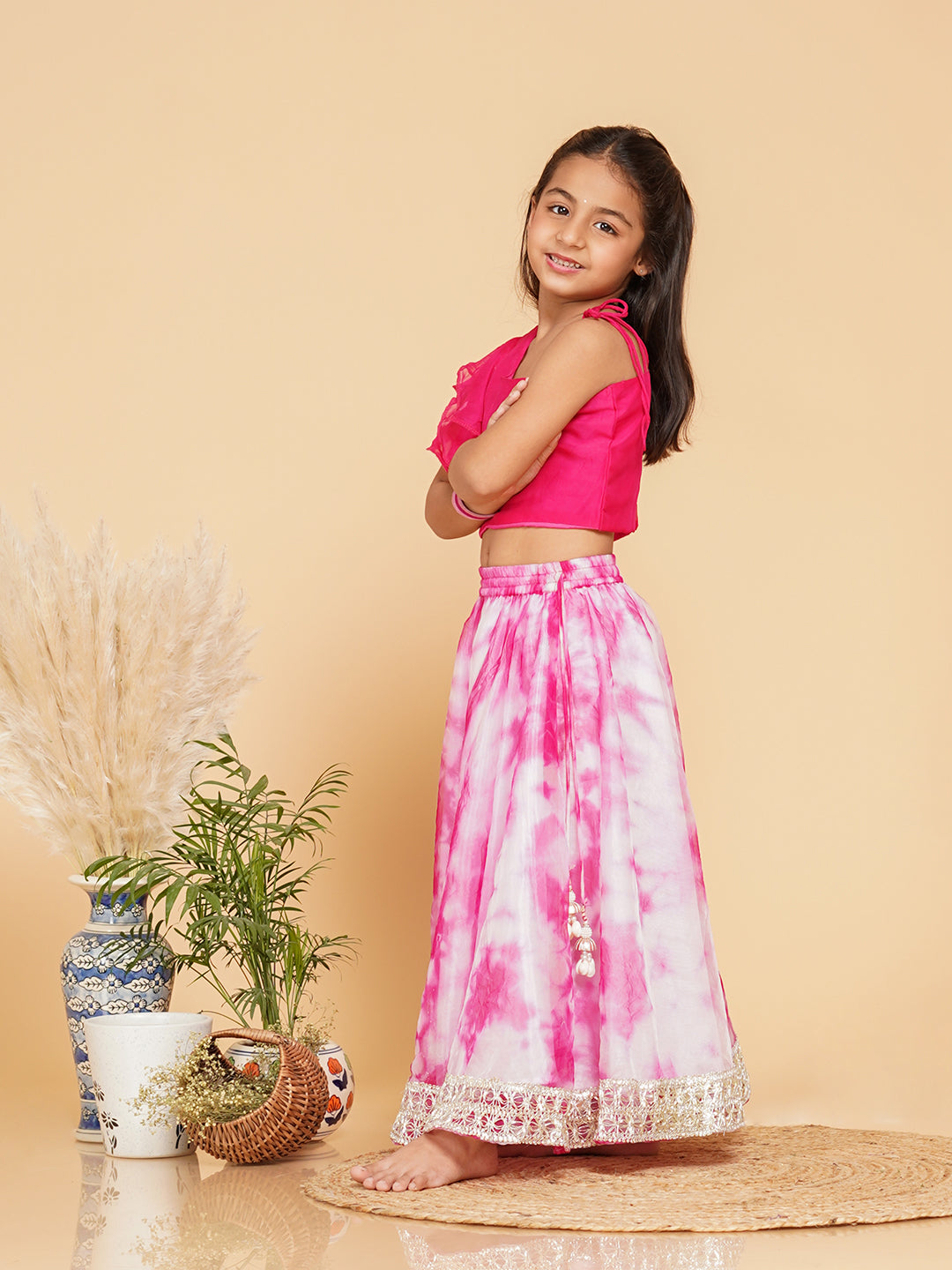 Pink Organza Crop top & Shibori Skirt set