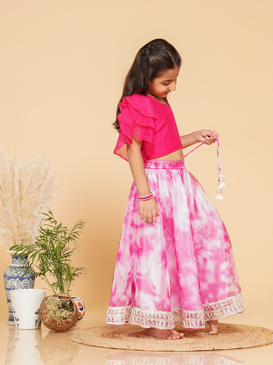 Pink Organza Crop top & Shibori Skirt set