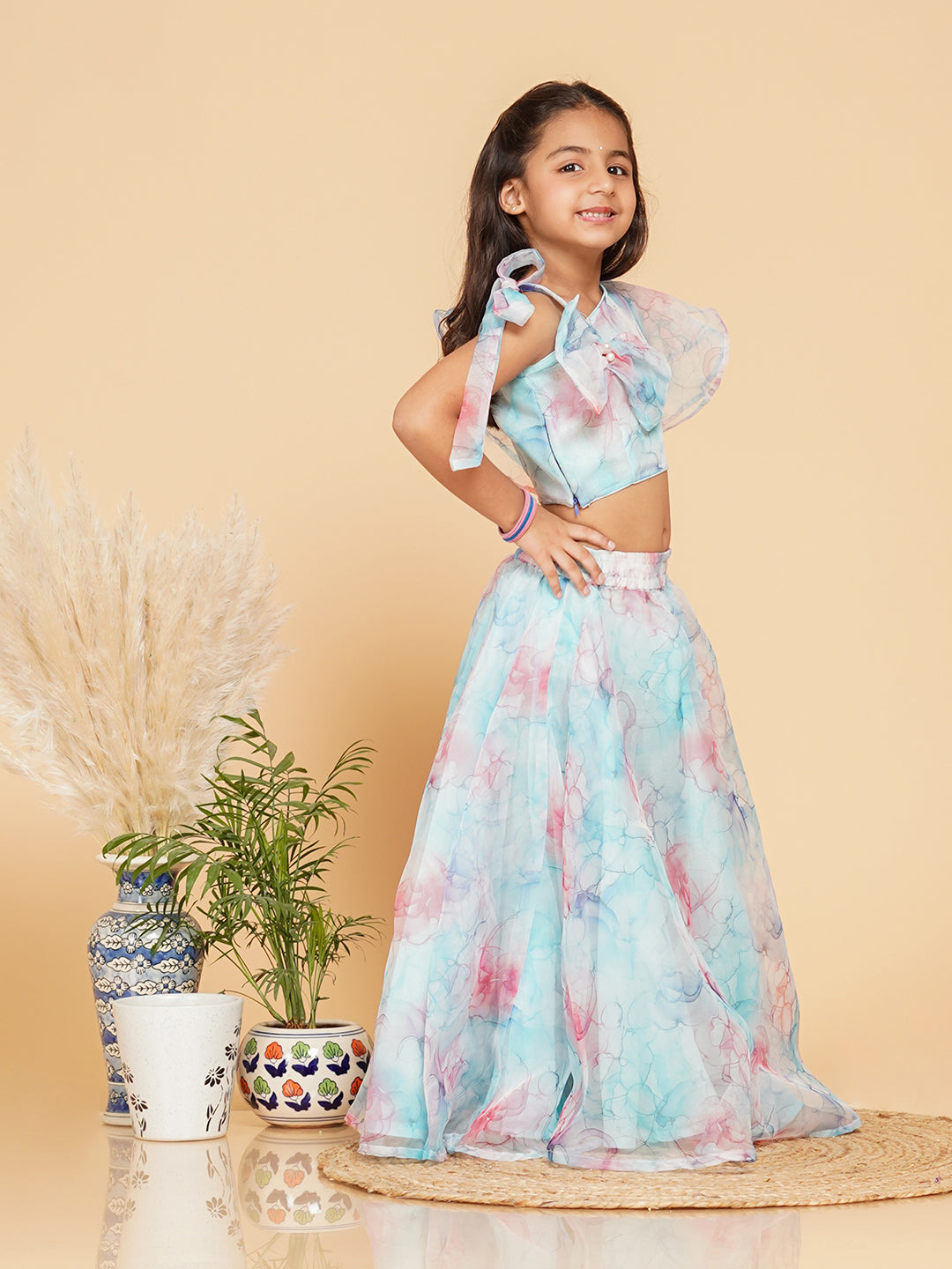 Pastel Blue Organza Crop top Skirt set