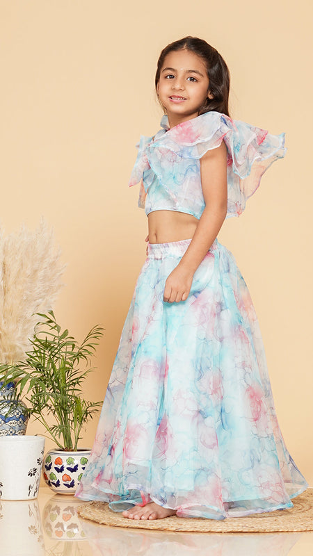 Pastel Blue Organza Crop top Skirt set