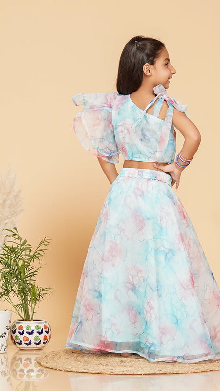 Pastel Blue Organza Crop top Skirt set
