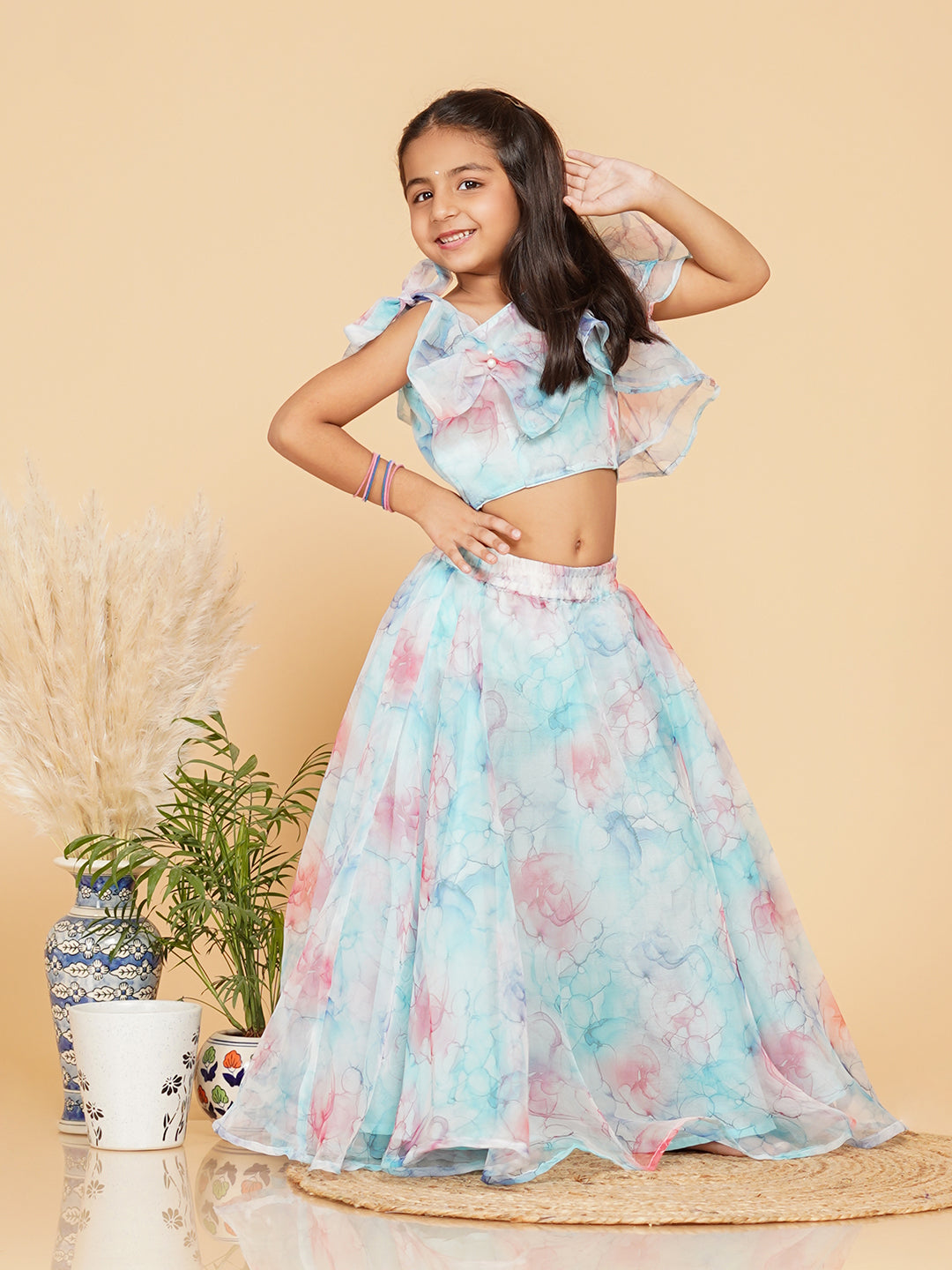 Pastel Blue Organza Crop top Skirt set