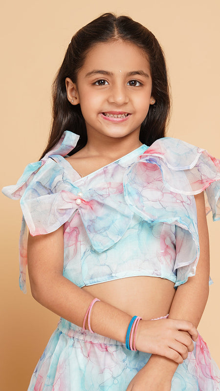 Pastel Blue Organza Crop top Skirt set