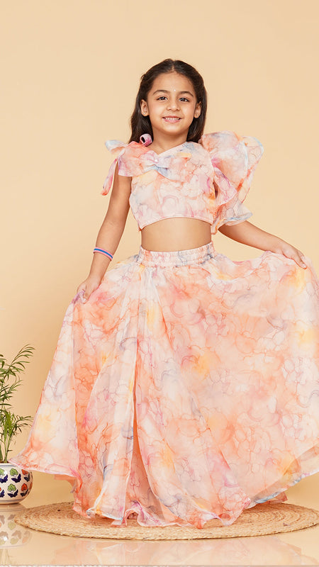 Pastel Peach Organza Crop top Skirt set