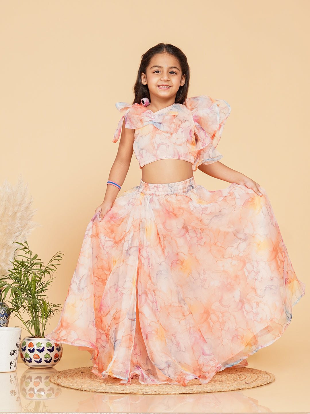 Pastel Peach Organza Crop top Skirt set