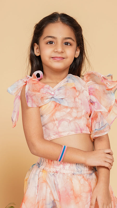Pastel Peach Organza Crop top Skirt set