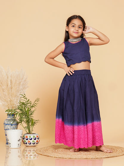 Hakoba Cotton Blue Pink Crop Top Skirt Set