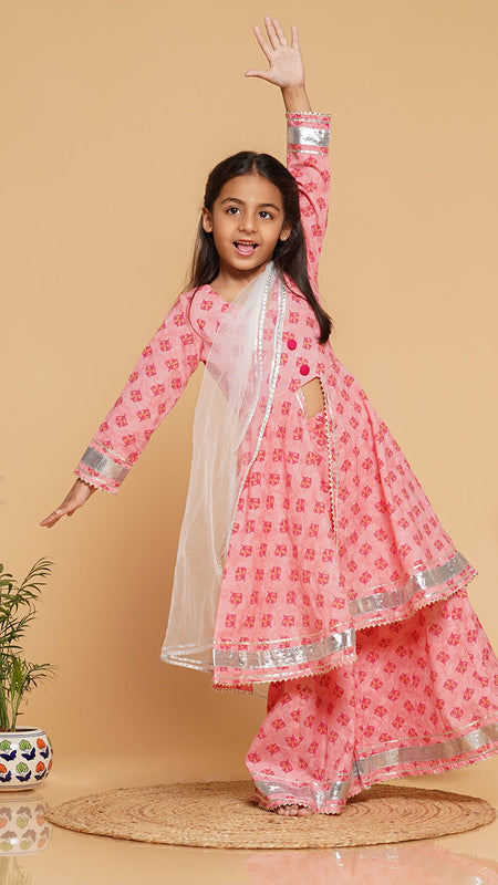 Baby Pink Cotton Kurta Palazzo Dupatta Set