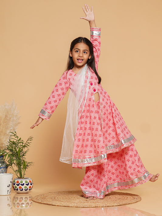 Baby Pink Cotton Kurta Palazzo Dupatta Set