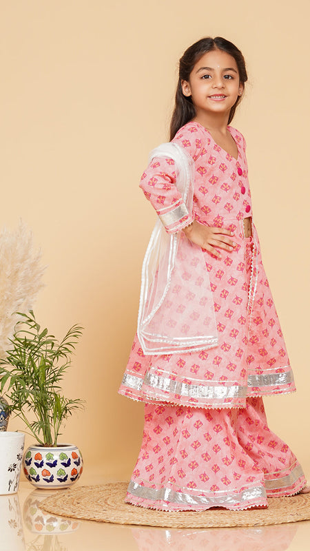 Baby Pink Cotton Kurta Palazzo Dupatta Set