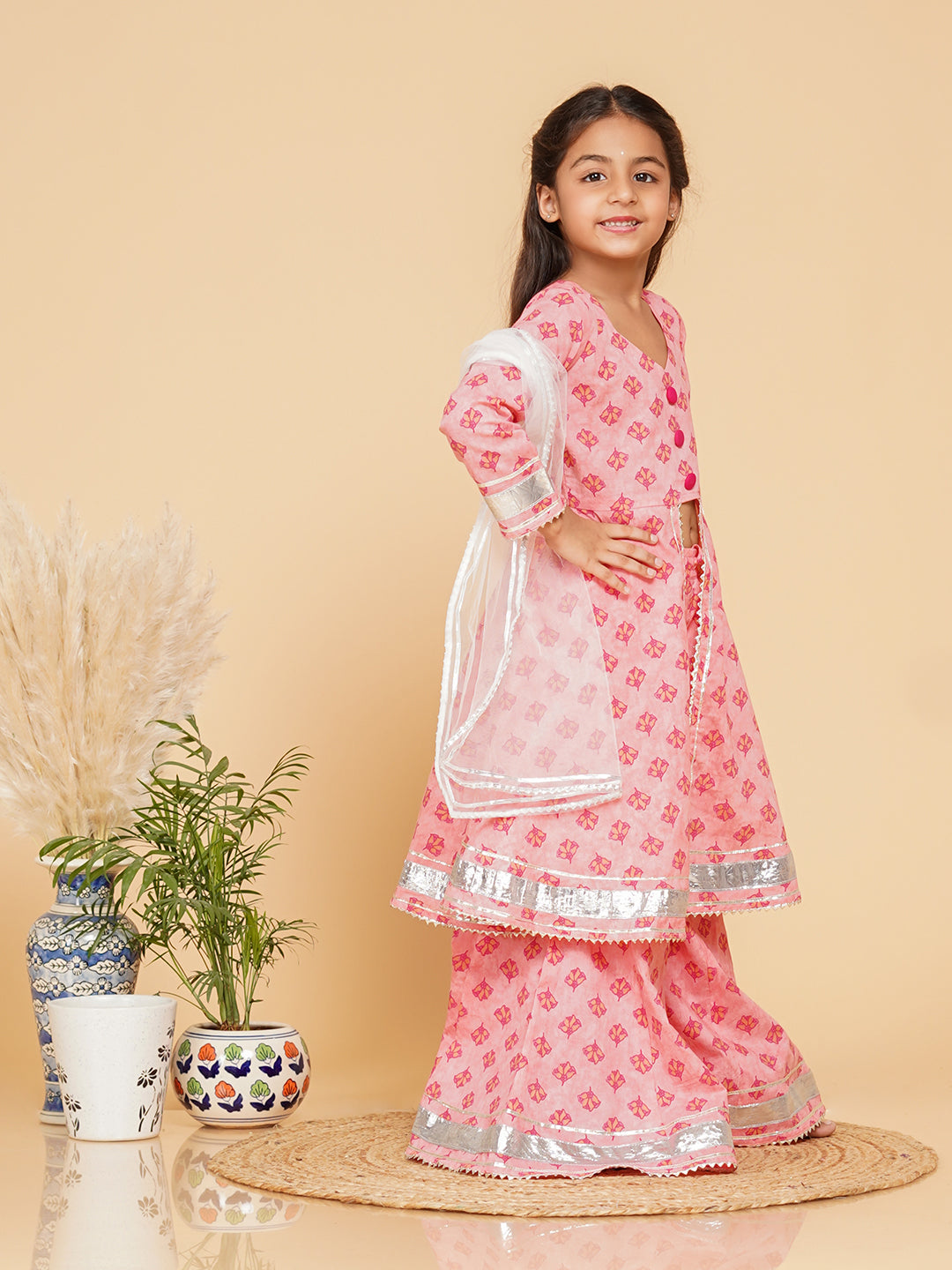 Baby Pink Cotton Kurta Palazzo Dupatta Set