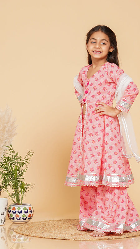 Baby Pink Cotton Kurta Palazzo Dupatta Set