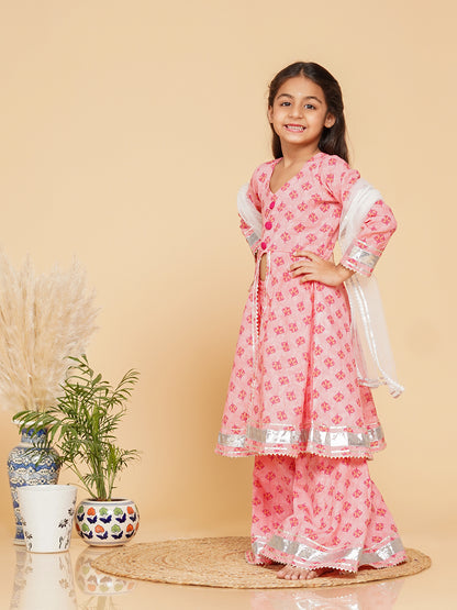 Baby Pink Cotton Kurta Palazzo Dupatta Set