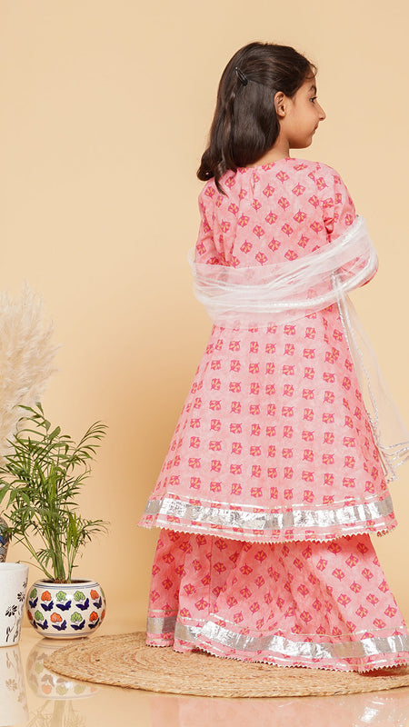 Baby Pink Cotton Kurta Palazzo Dupatta Set