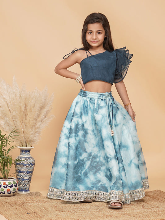 Teal Organza Crop top & Shibori Skirt set