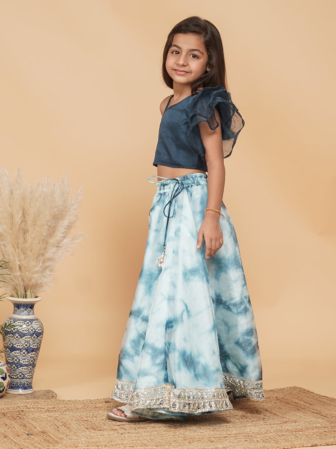 Teal Organza Crop top & Shibori Skirt set